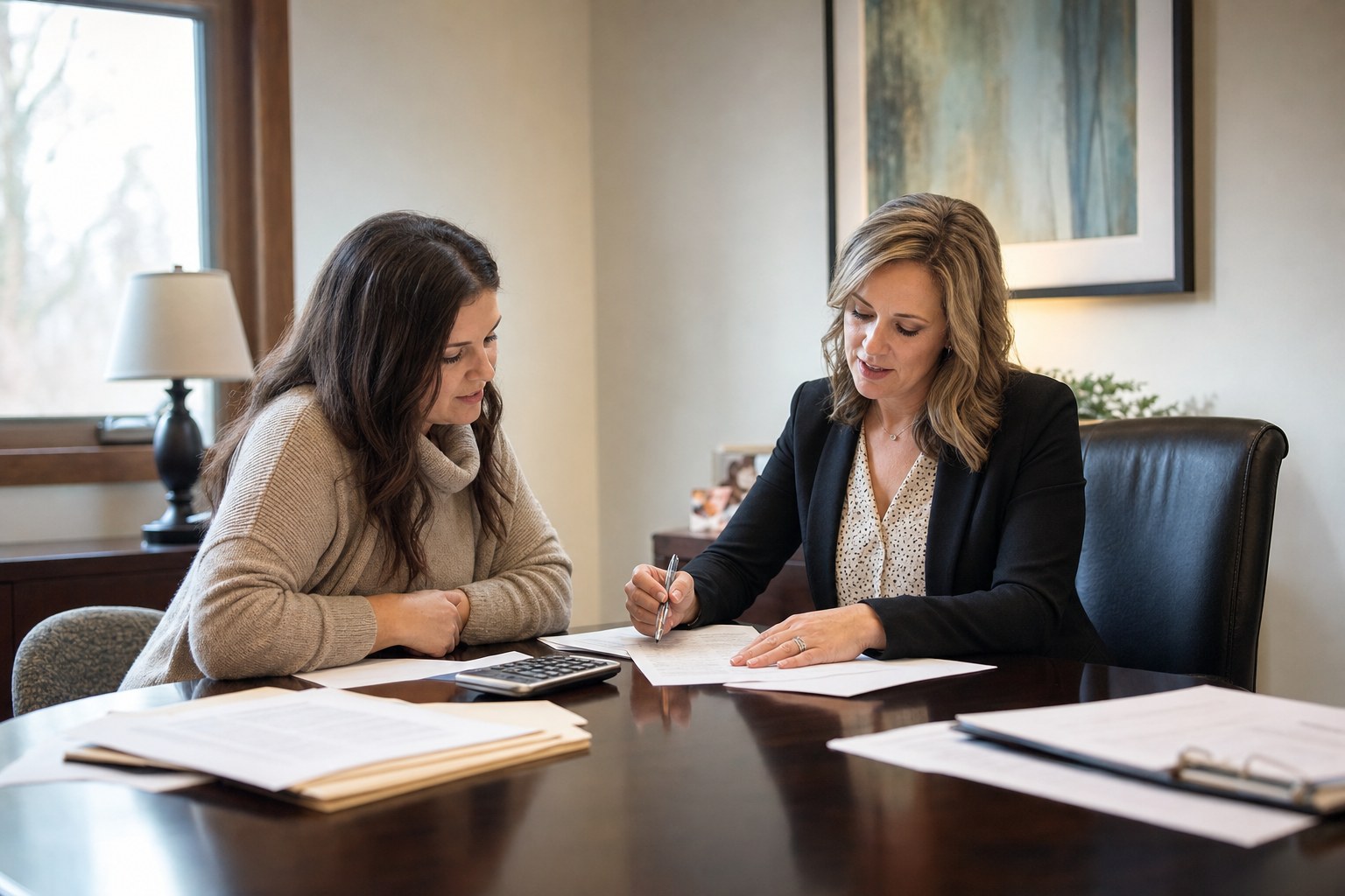 A client and a paralegal reviewing a support worksheet with a calculator