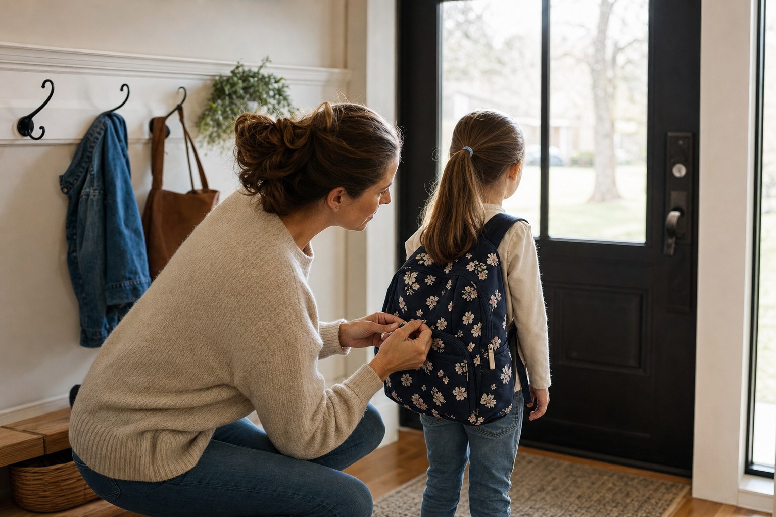 A parent zipping a child’s backpack at the front door before school
