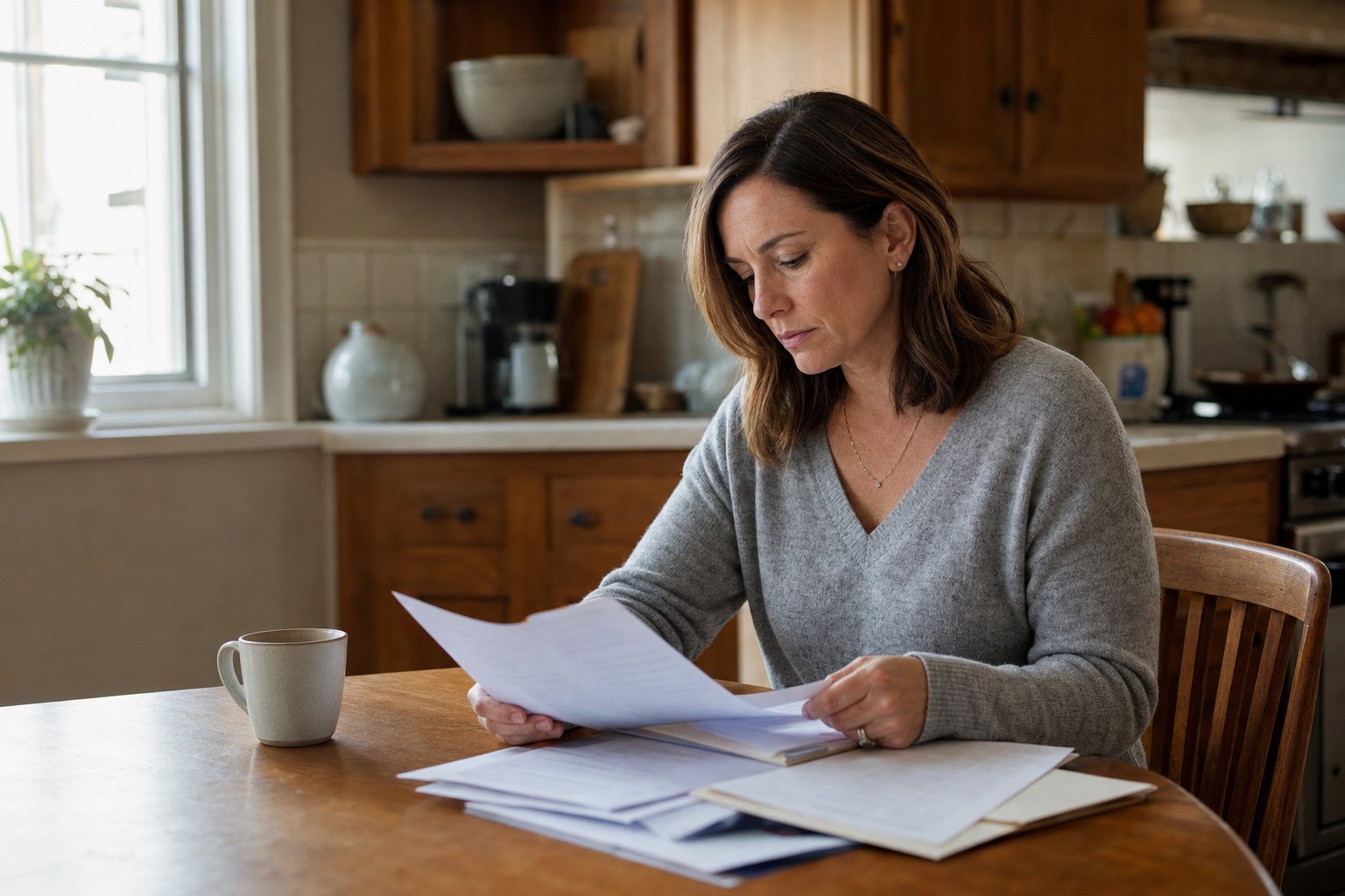 A woman reviewing paperwork at her kitchen table in the morning