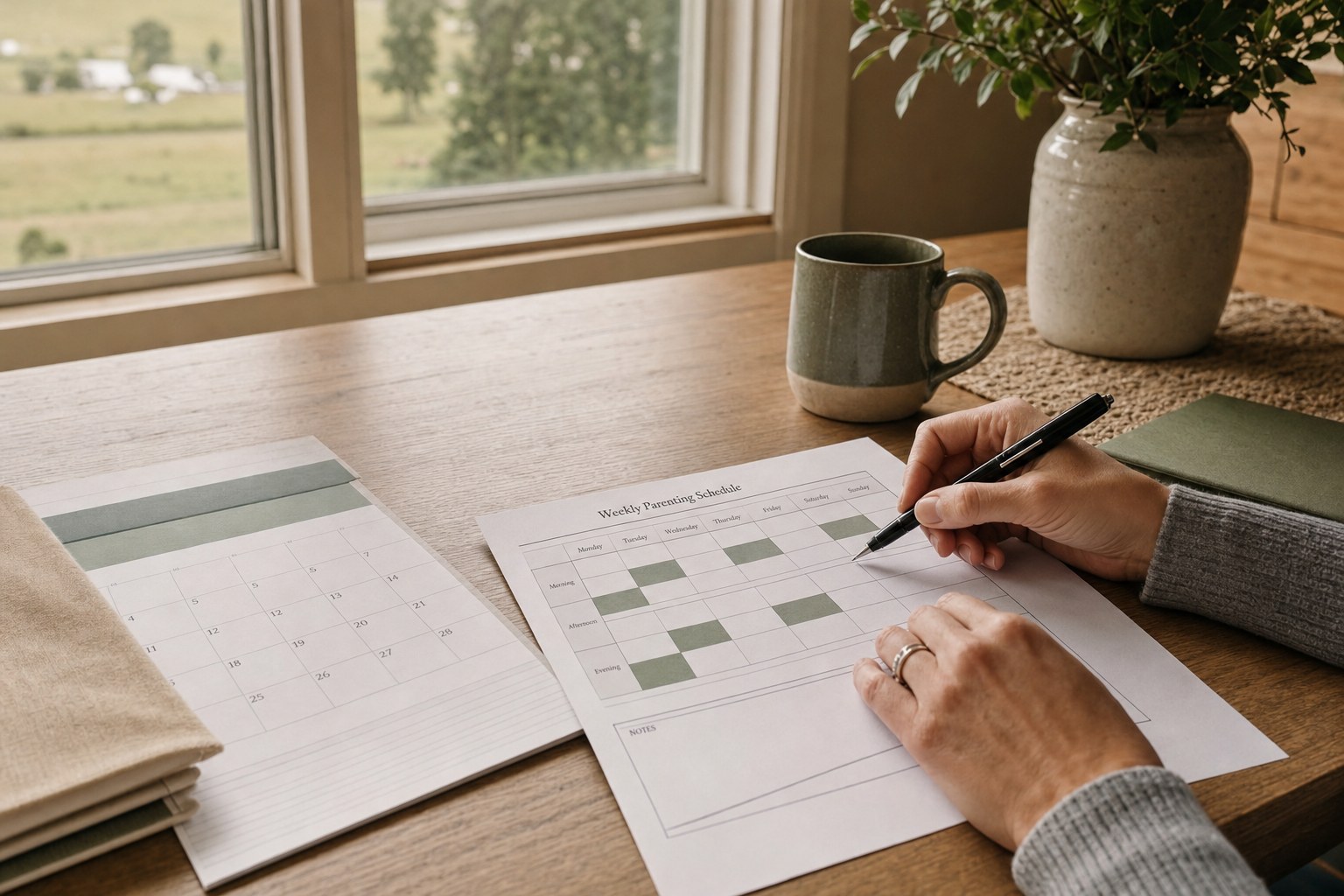 Parenting schedule and calendar being reviewed at a table